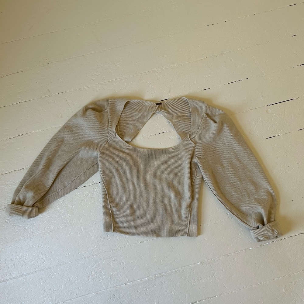 Tan/beige Free People Puff Sleeve sweater Blouse with cut out